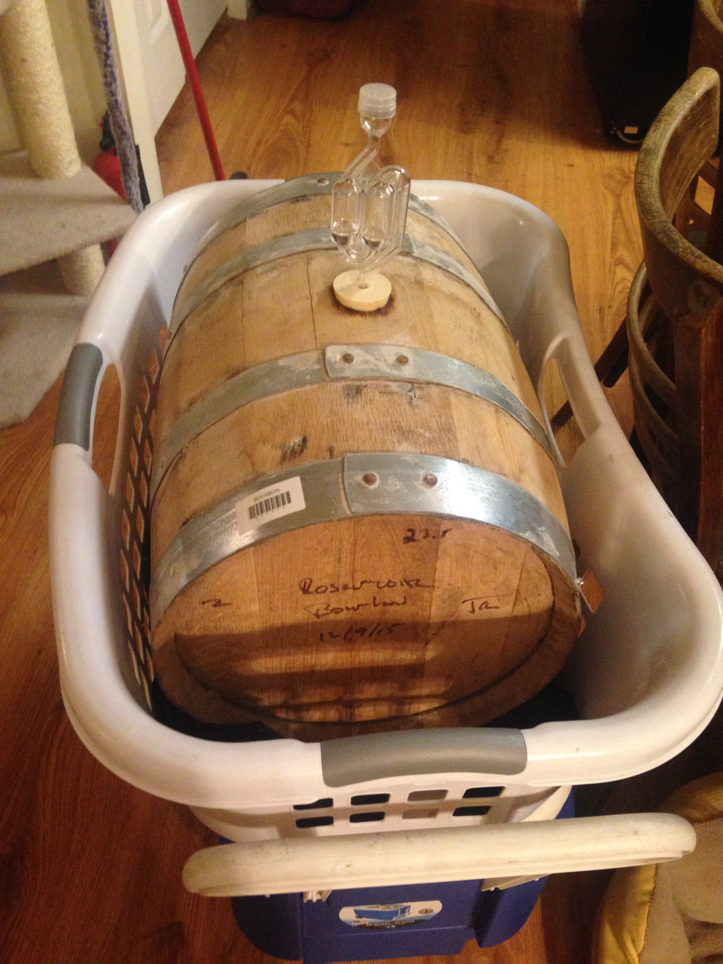 This is where things started getting interesting. My friend bought a bourbon barrel to have the beer sit in for a couple months. This changes the flavor and increases the alcohol content.